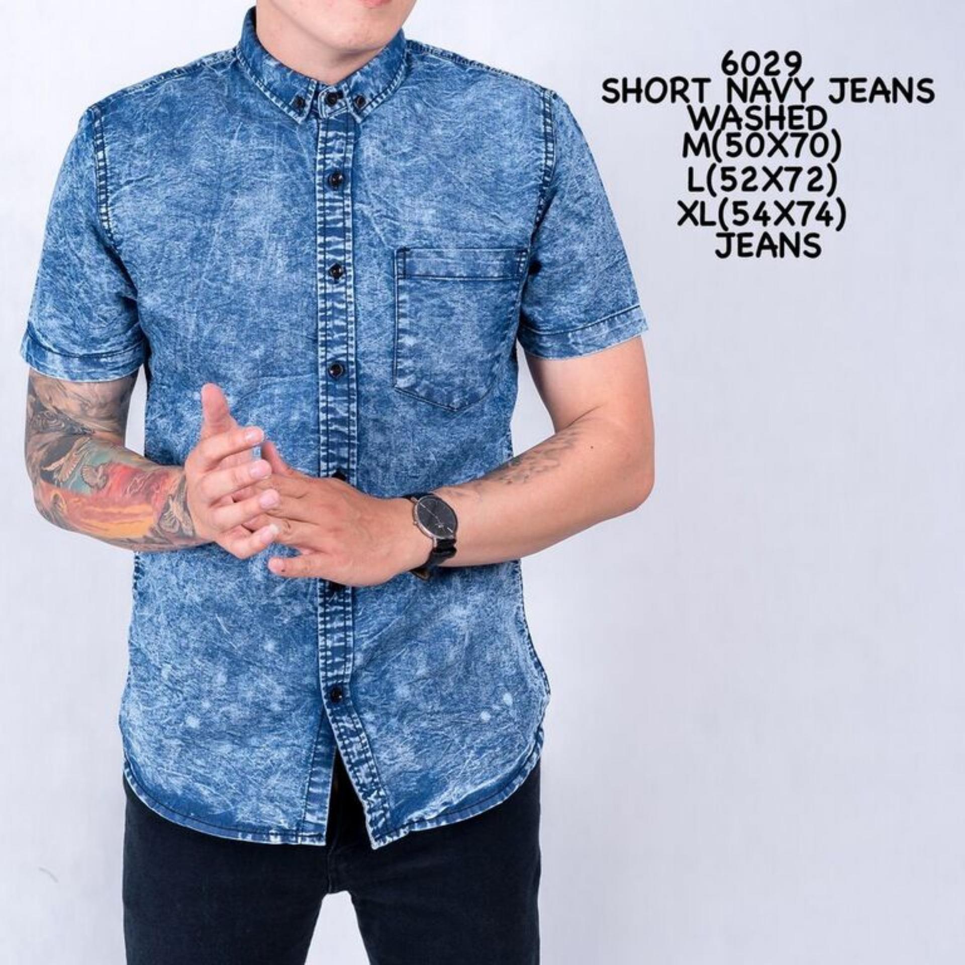 KEMEJA PENDEK PRIA DENIM NAVY MIX BATIK TRIBAL