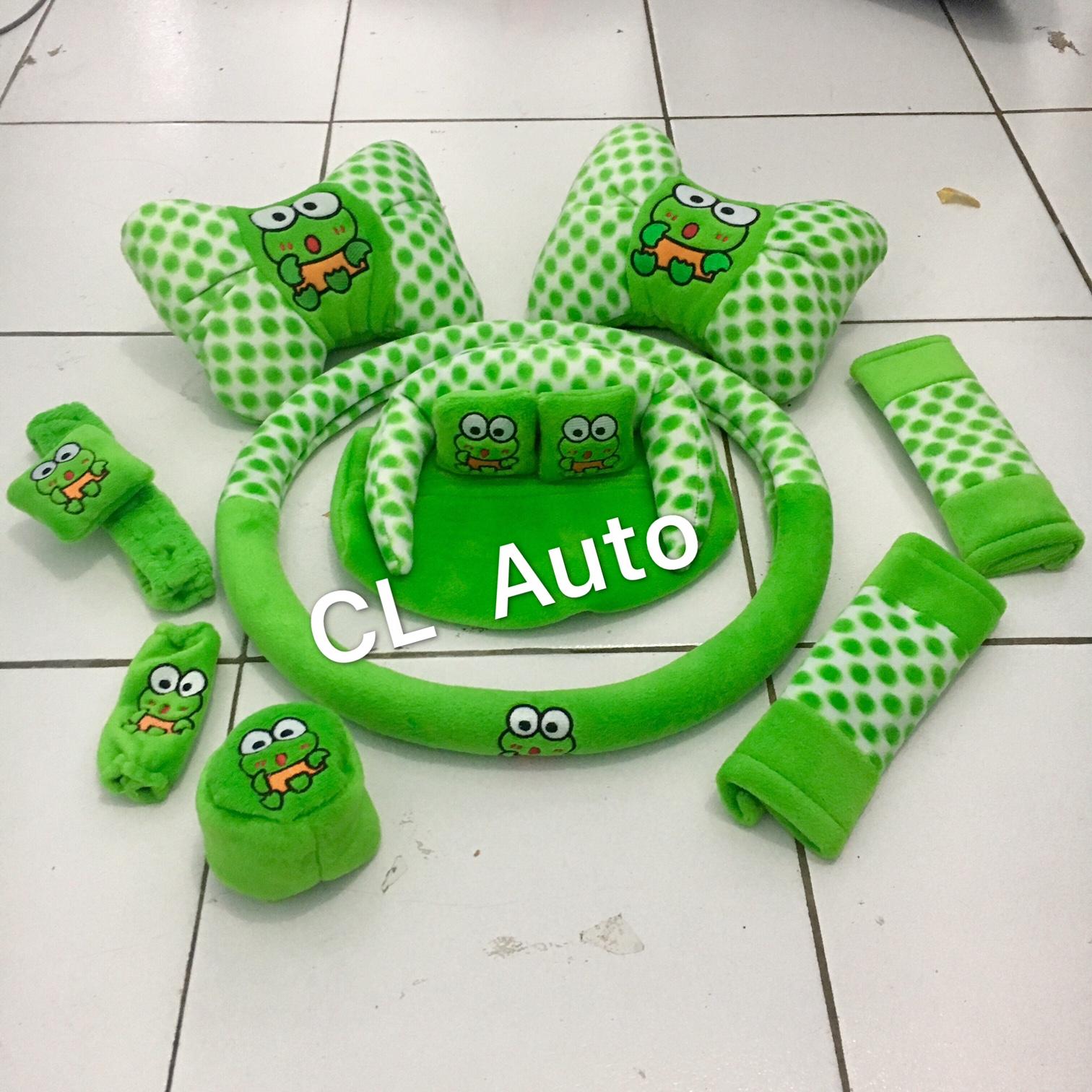 Bantal set mobil 7in1 model kodok keropi warna hijau / Aksesoris bantal set mobil 7 in 1 murah unik lucu UNIVERSAL / Tempat tissue keropi / sarung bantal mobil 9in1 warna green