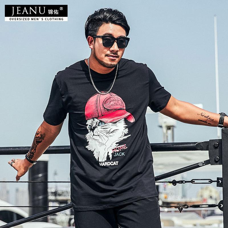 Trendi Gemuk Bulat Leher Cetak Besar Kaos Baju Kaos (Hitam)