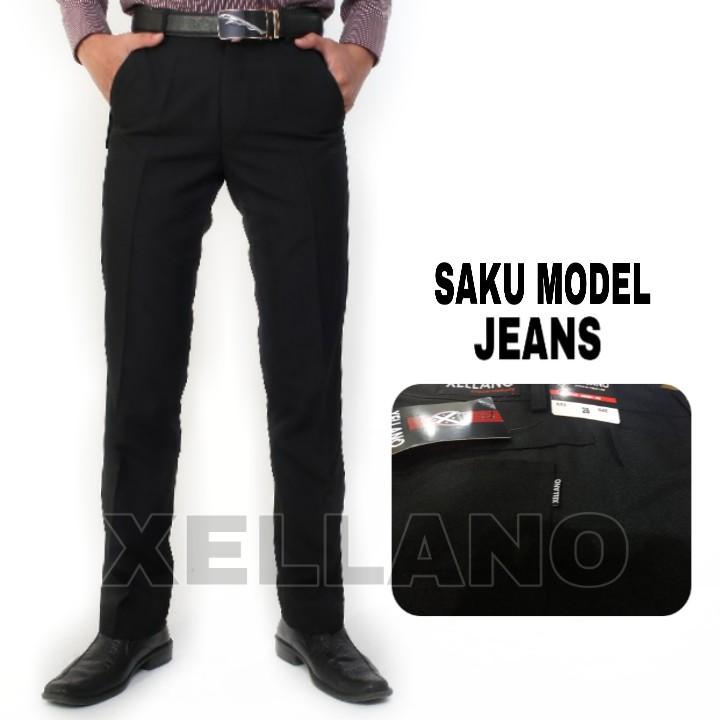 XELLANO - Celana Formal Panjang Slimfit Pria - Celana Kerja Kantor Bahan Kain Gabardin Saku Model Jeans Warna Hitam 27-36