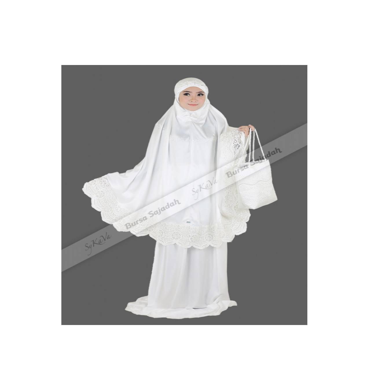 Mukena Warna Putih Bordir Swarovsky - Tas Set Mukenah Velvet Swarovski
