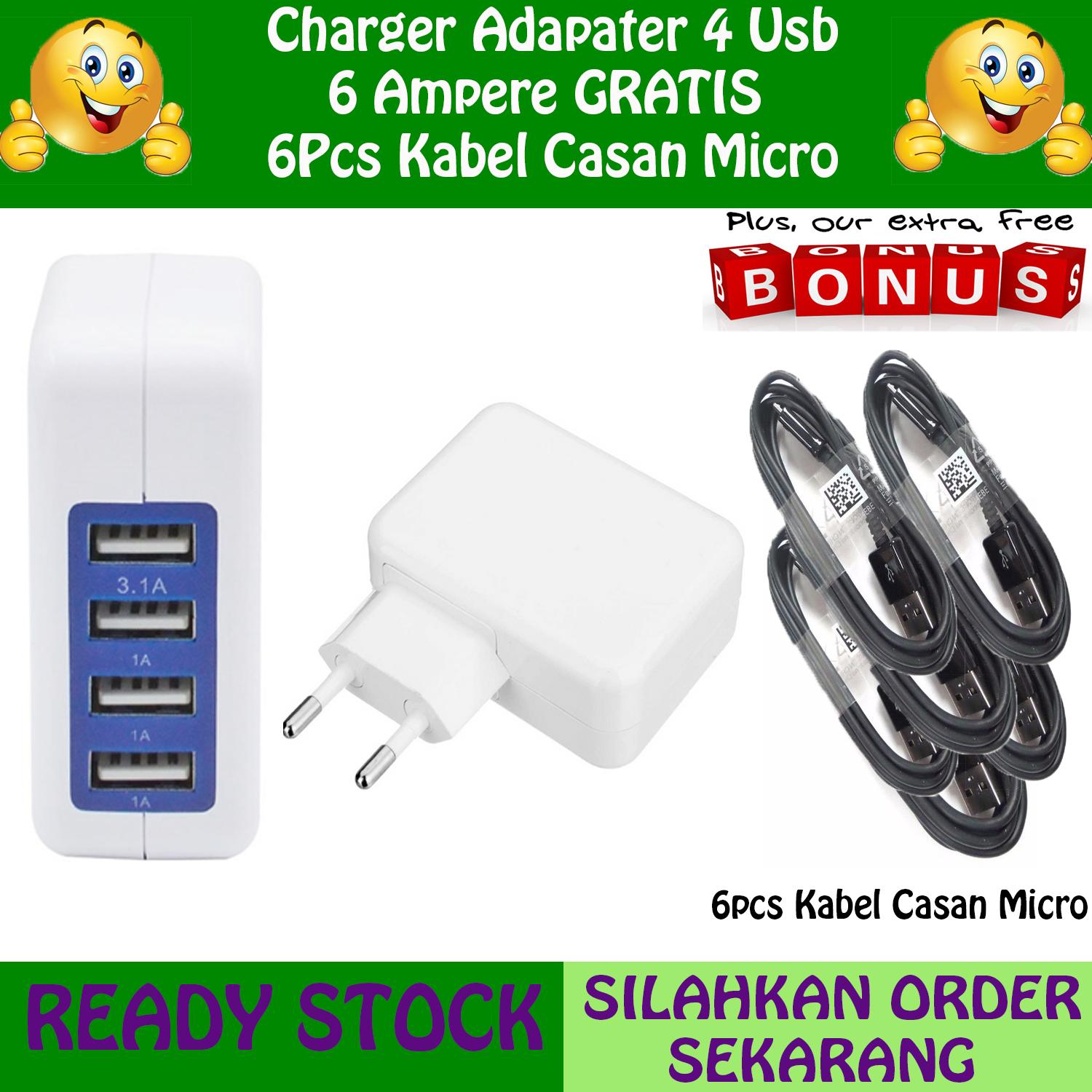 Charger Adaptor 4 Port USB Casan 6 Ampere Gratis 6pcs Kabel Casan Micro Charger Adaptor 4 Port USB Casan 6 Ampere Gratis 6pcs Kabel Casan Micro