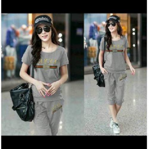 SUPPLIER GROSIR 15781 X41 BAJU SETELAN GUCCI STELAN WANITA PAKAIAN CEWEK LENGAN PENDEK MODERN JAMAN NOW WARNA ABU MURAH TERMURAH BAHAN BABYTERRY KEKINIAN