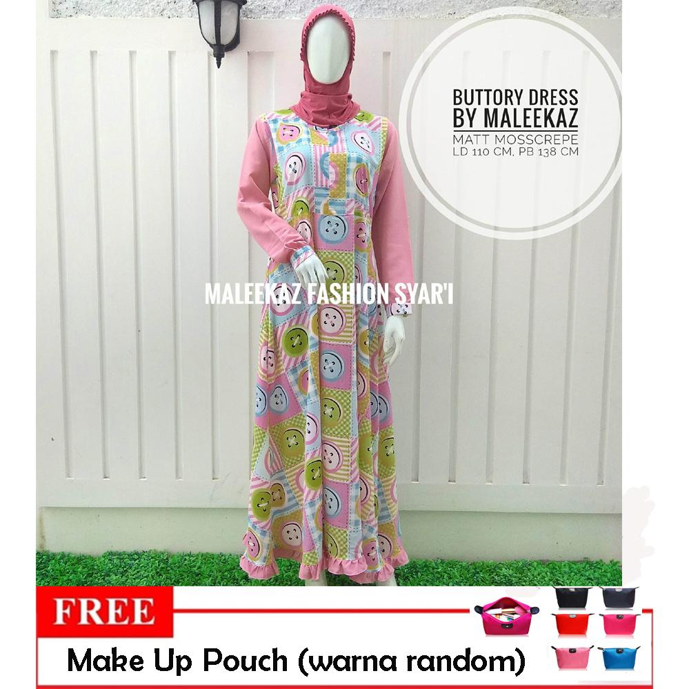Promo..!!! Free Make Up Pouch - MaleekaZ Fashion Syar'i / Gamis Syari Busui Motif / Baju Muslim Wanita Syar'i / Gaun Pesta Muslimah / Maxi Dress Lengan Panjang - Buttory Dress - Pink