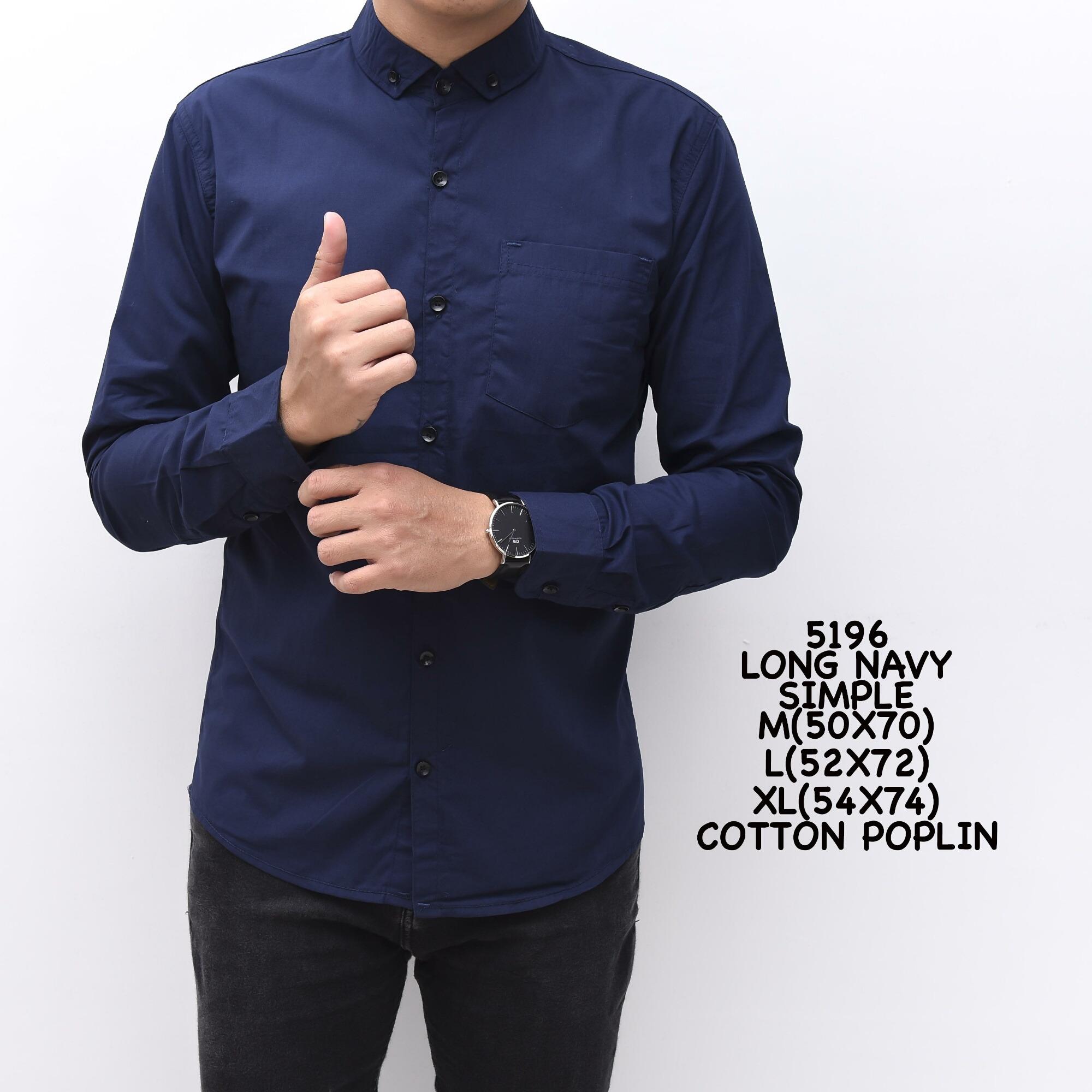 Kemeja Polos Kemeja Flanel Kemeja Fashion Kemeja Kantor Kemeja Kerja Kemeja Kasual Pria Long Navy Simple 5196 Cotton Poplin