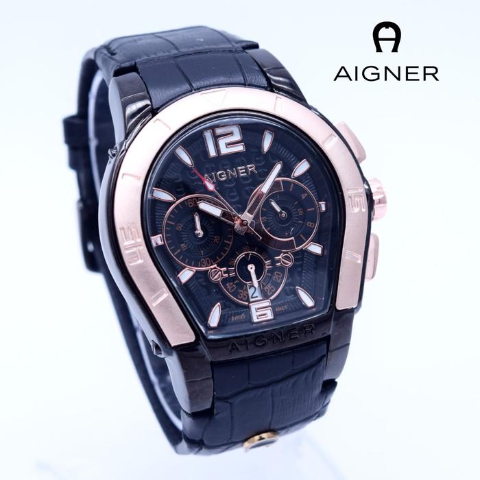 DISKON TERLARIS - Jam Tangan Pria / Cowok Aigner Bari Leather Black Ring Rose TERMURAH