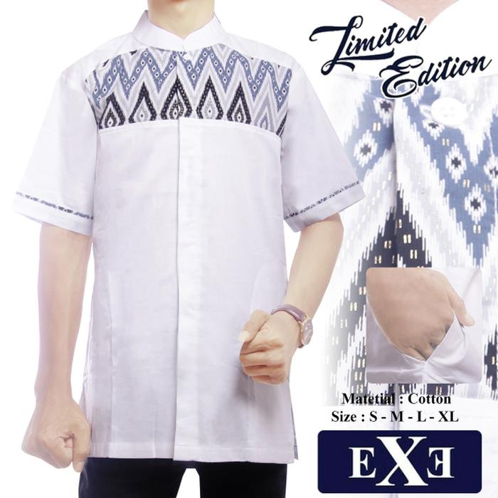 Kemeja / Baju Koko Muslim Pria eXe - Putih Kombinasi Batik - Baju Koko - Fashion Pria - Muslim Pria - Aksesoris Pria - Koleksi Pria Keren