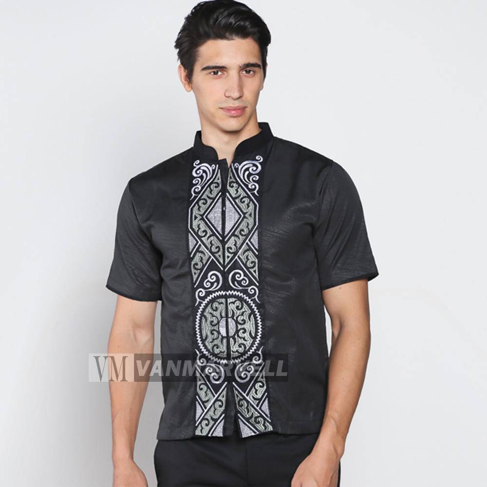VM Kemeja Koko Muslim Pendek Modern Slim Motip Bordir Coklat