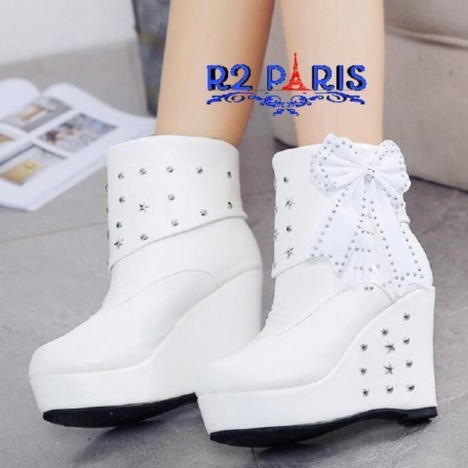 Sepatu Wedges Boots Wanita Studs Pita Permata Putih - Cix R2