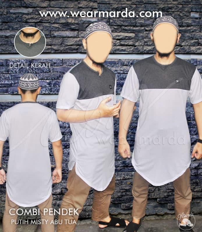 DISKON Kaos Islami Gamis Pakistan Kurta Bahan Kaos Putih Kombinasi Abu TERMURAH