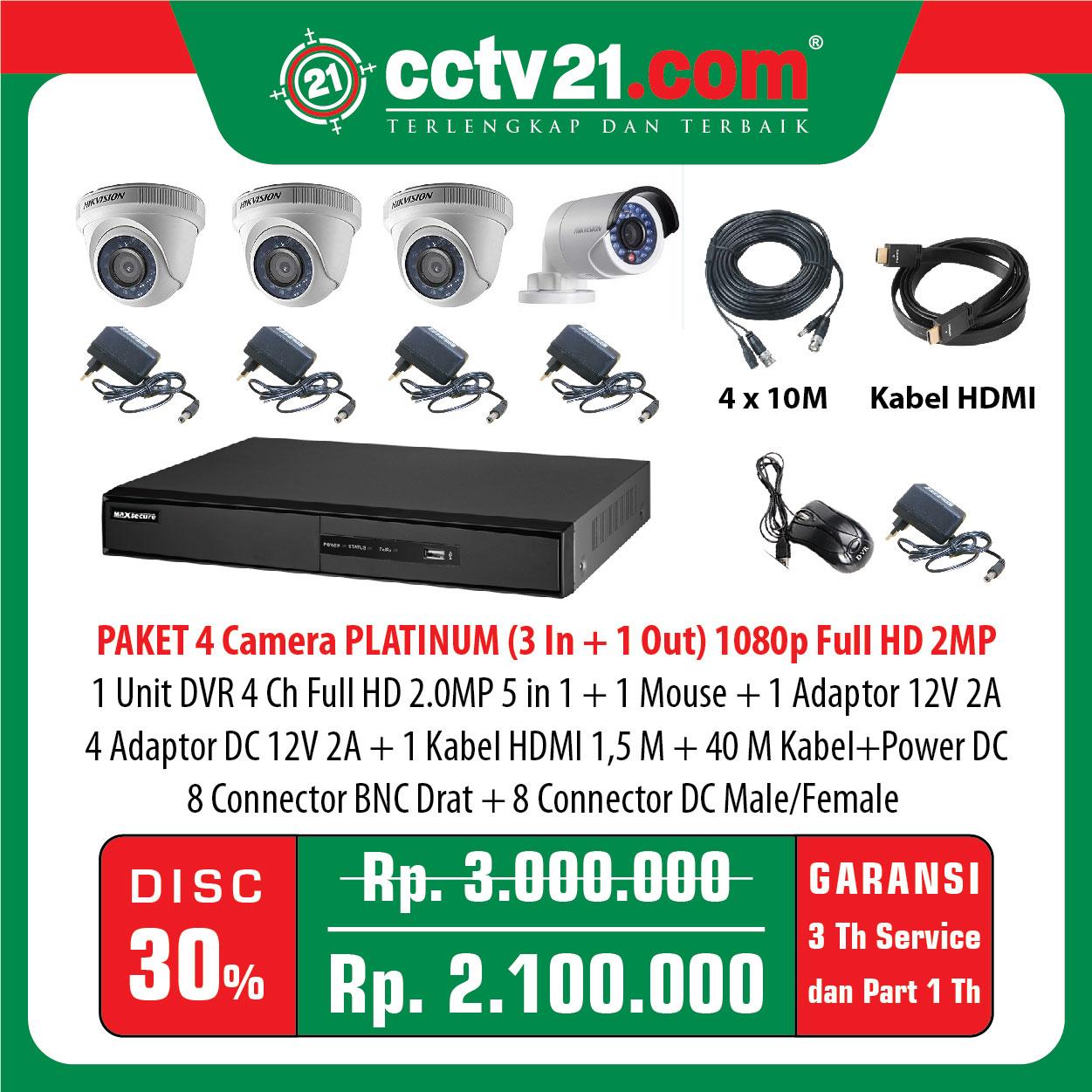 Promo:Paket Lengkap 4 CCTV PLATINUM Full HD 2MP (Made in Korea) (Tinggal Pasang)