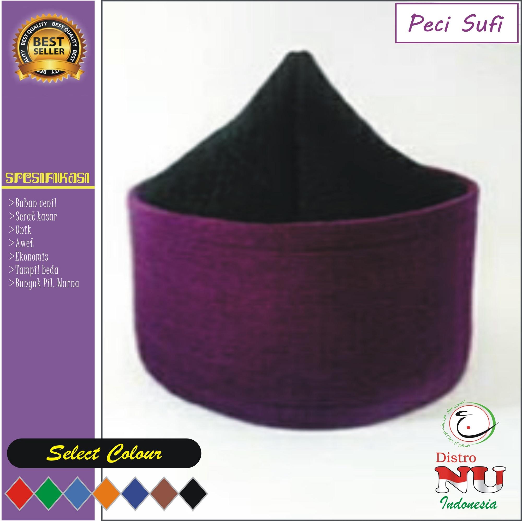 PECI SUFI CENIL ATAS RUNCING (UNGU-ATASNYA HITAM) TINGGI 10/11/12 CM / peci maiyah / nu peci hadroh atlas / sarung / gamis / baju muslim koko / jas / daster / dasi / songkok hitam / wadimor / gajah duduk / boneka bulu gantungan kunci kemeja / jaket