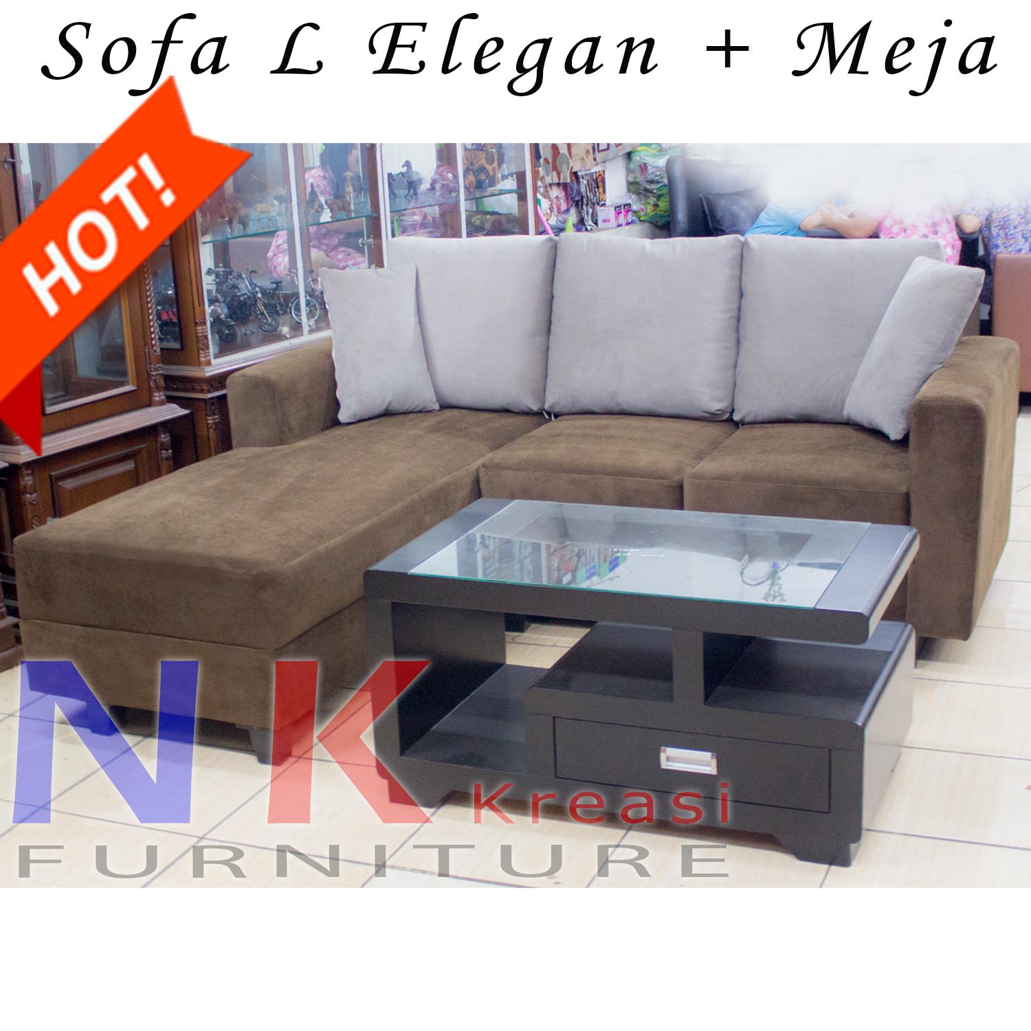 Sofa kursi Ruang Tamu L santai Minimalis + MEJA KAYU KEREN - JABODETABEK ONLY