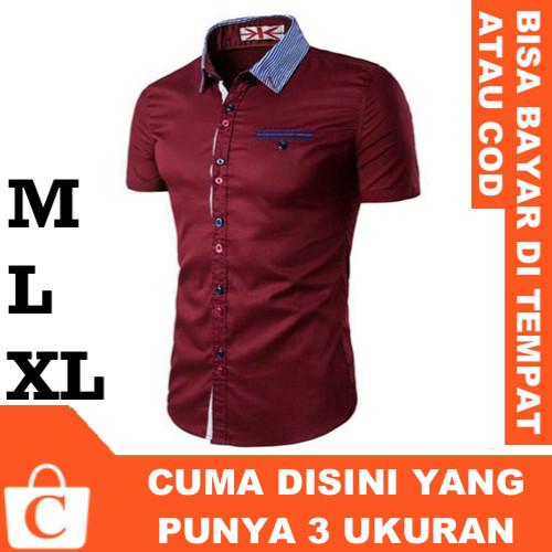 CORATCORETUDIO - Kemeja Pria Hem Cowok Polos Lengan Pendek Saku Kerah Kancing Ganda MERAH BIRU / 3 Ukuran M L XL / Kecil Kurus Besar Gemuk Gendut Jumbo / Kemeja Merah Pria Lengan Pendek / Kemeja Merah Cowok Lengan Pendek / Kemeja Merah Laki Lengan Pendek