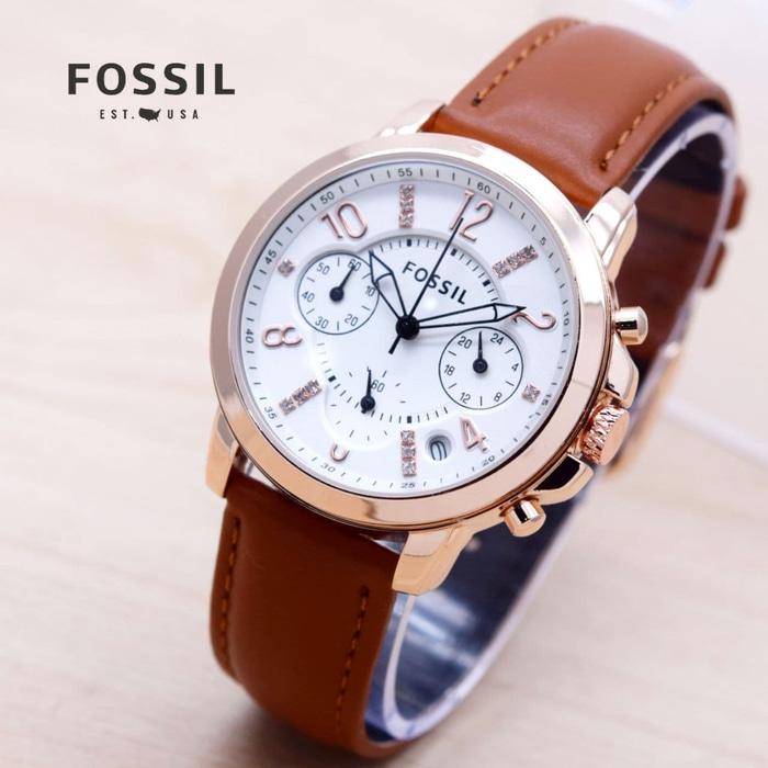 Jam Tangan Wanita Fossil Bulat Chrono ON Leather Light Brown Rose