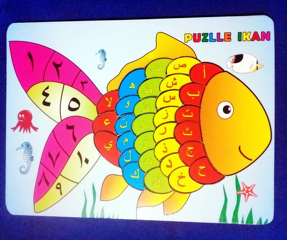Puzzle Kayu Ikan Huruf Hijaiyah Huruf Arab Alif Ba Ta Mainan Edukasi Anak