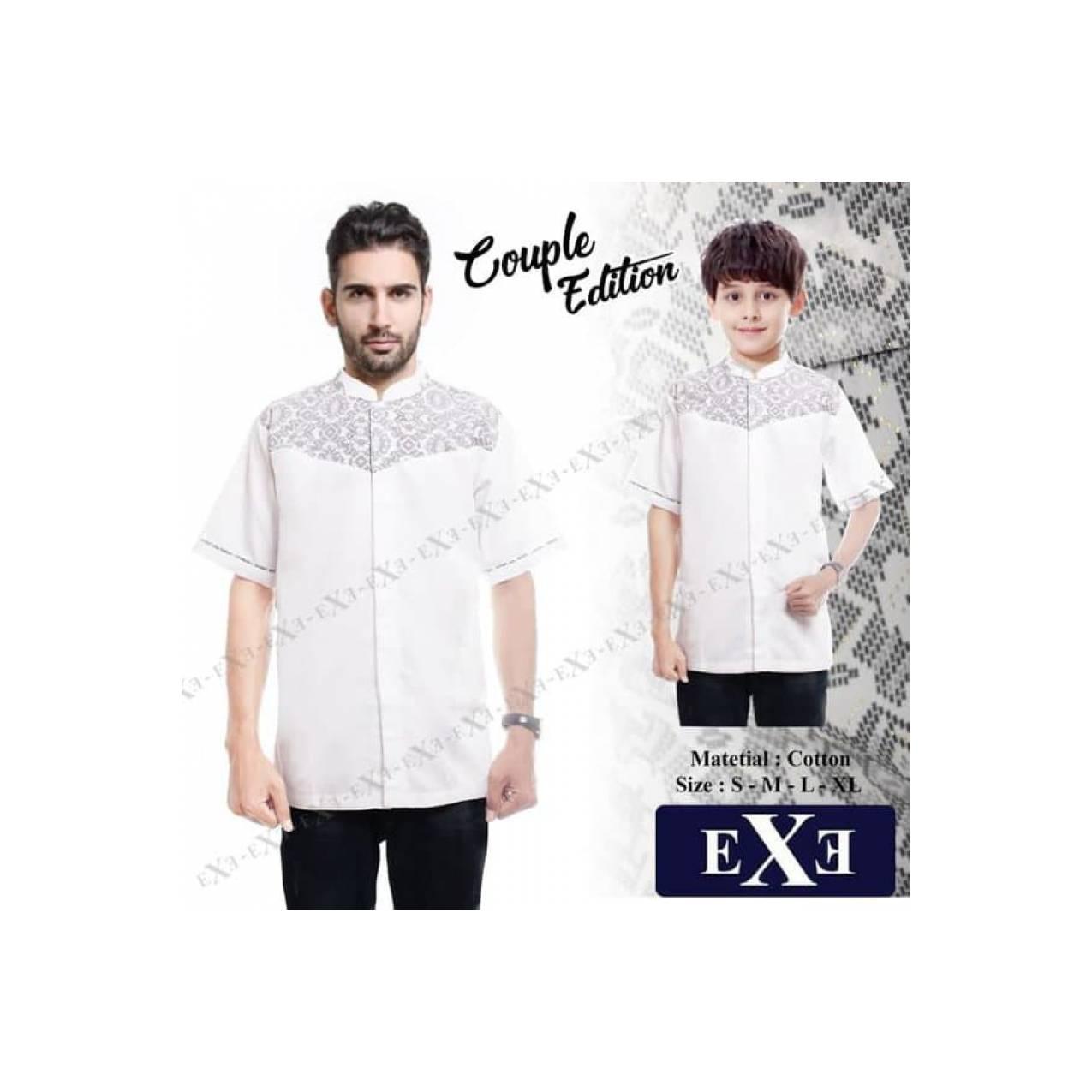 Kemeja Baju Koko Muslim Couple Ayah Anak eXe - Putih Kombinasi Batik