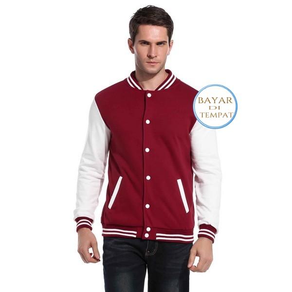 Jaket Baseball Varsity Polos Merah Lengan Putih Kancing - Unisex