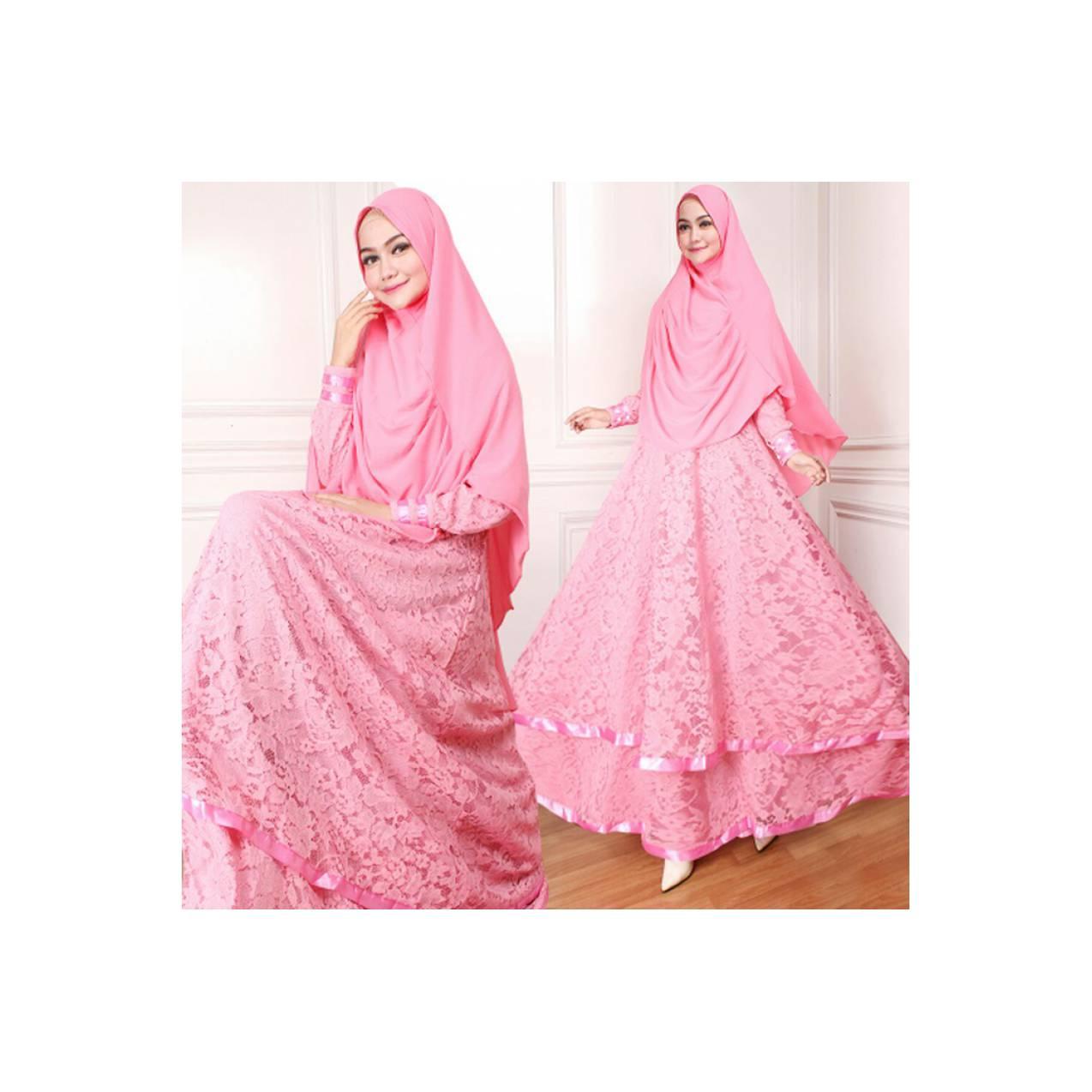 SET GAMIS BROKAT PINK GAMIS DAN KHIMAR BUBBLE POP SYARI SET BAJU BUSUI