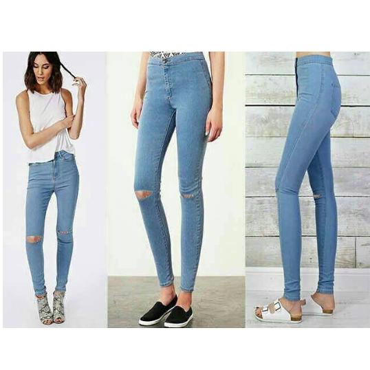OLIVIAFASHION CELANA JEANS BASIC HIGH WAIST STRETCH BIRU MUDA SOBEK LUTUT SIZE 29