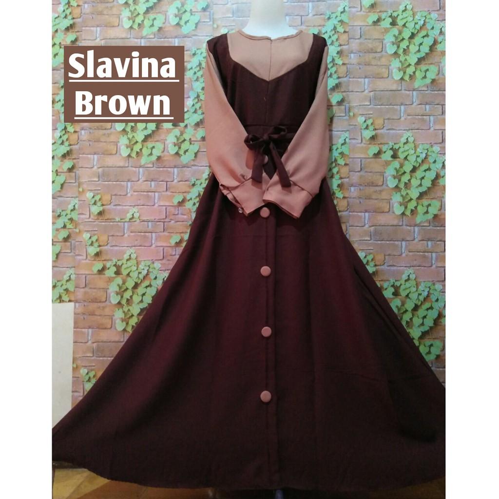 SLAVINA DRESS gamis MOSSCREPE WOLLYCREPE syari gaun muslim gamis modern syari wanita muslimah hijab (basic hitam-coksu)
