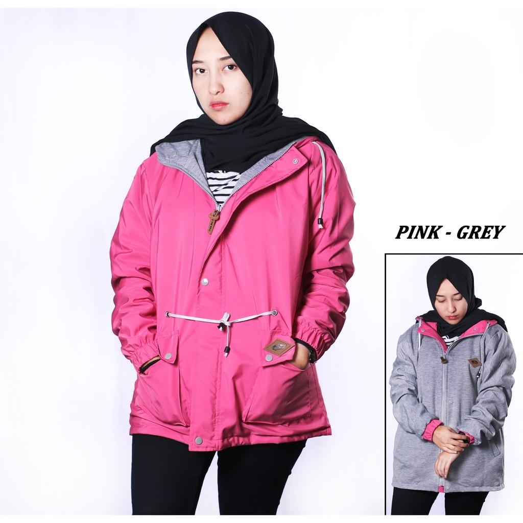 Jaket Parasut Bolak Balik Hoodie Wanita - Black Pink