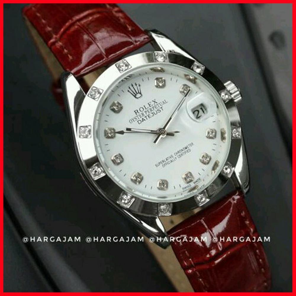 Jam Tangan Wanita Automatic Rolex R1003 Oyster Perpetual Kulit Maroon Plat Putih (Hargajam Harga Jam Matic)