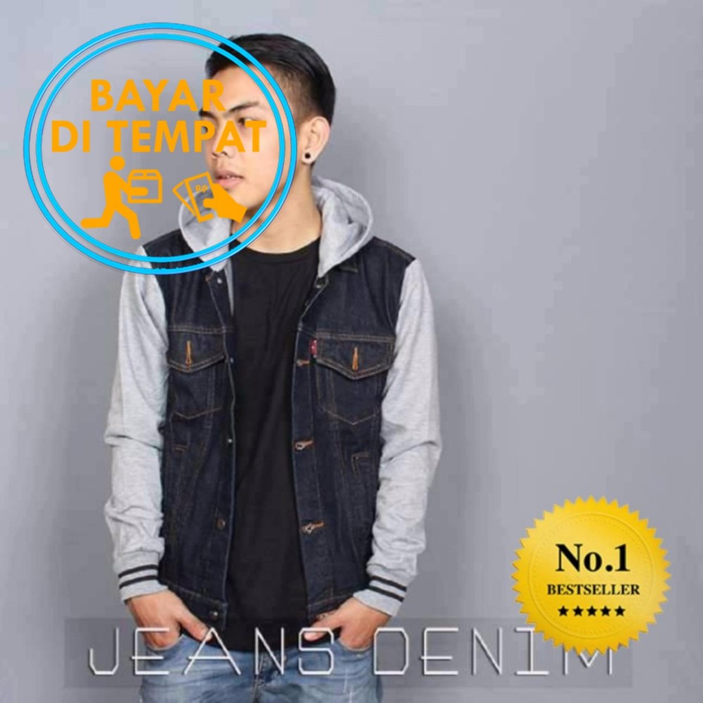 Jaket Jeans Murah Hoodie Biru Dongker Combi Sweater Abu