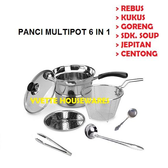 Panci Multipot 6 in 1 Special Untuk Rebus - Kukus - Goreng - Sendok Soup - Jepitan - Centong