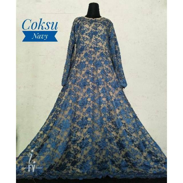 (TERBARU) Realpict gamis muslim dress pesta maxi maxy brukat brokat bruklat cord tulang timbul mewah premium (coksu navy L)