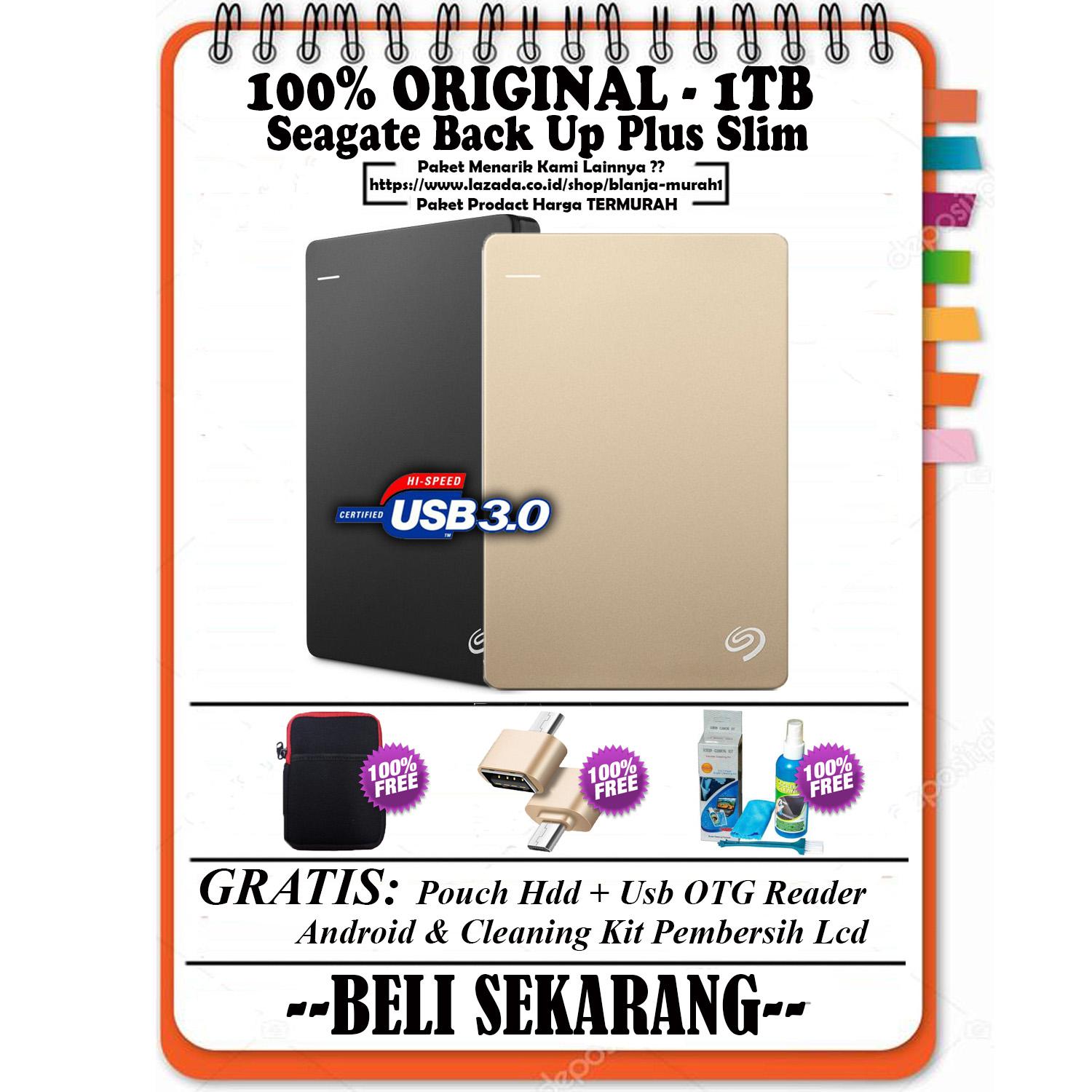 Seagate Backup Plus Slim 1TB - HDD - HD - Hardisk External 2.5 - GRATIS Pouch Hdd + Usb OTG Reader Mini & Cleaning Kit Pembersih LCD Pc Laptop