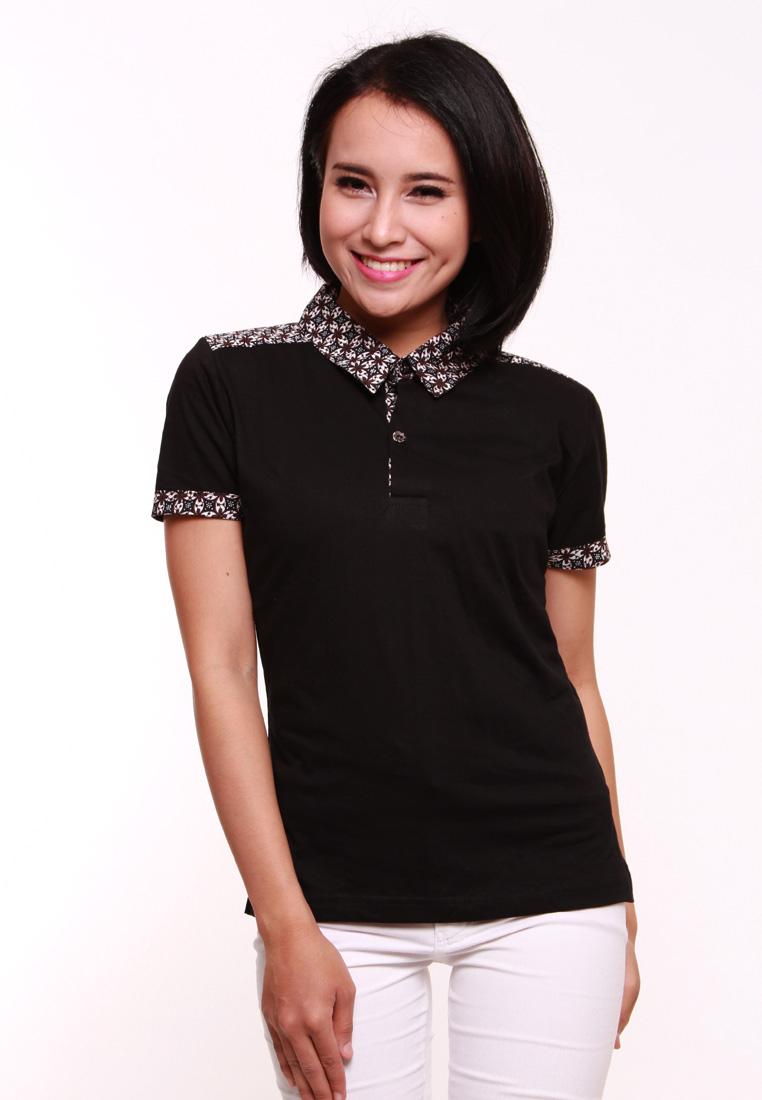 Batik Aksen Best Seller Baju Batik Atasan Wanita Kaos Berkerah Fashionable Katun Kombinasi Batik Primisima Modern Hitam