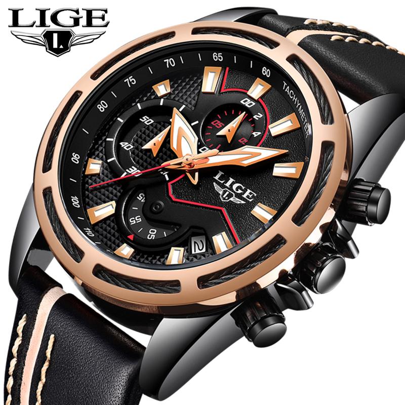 LIGE Atas Merek Mewah Pria Jam Tangan Kulit Olahraga Perhiasan Quartz Bisnis Chronograph Pria Militer Waterproof