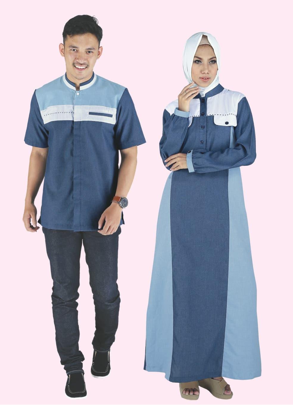 Baju Muslim Couple Koko Pakistan Gamis Dress Wanita Pria Anak Biru