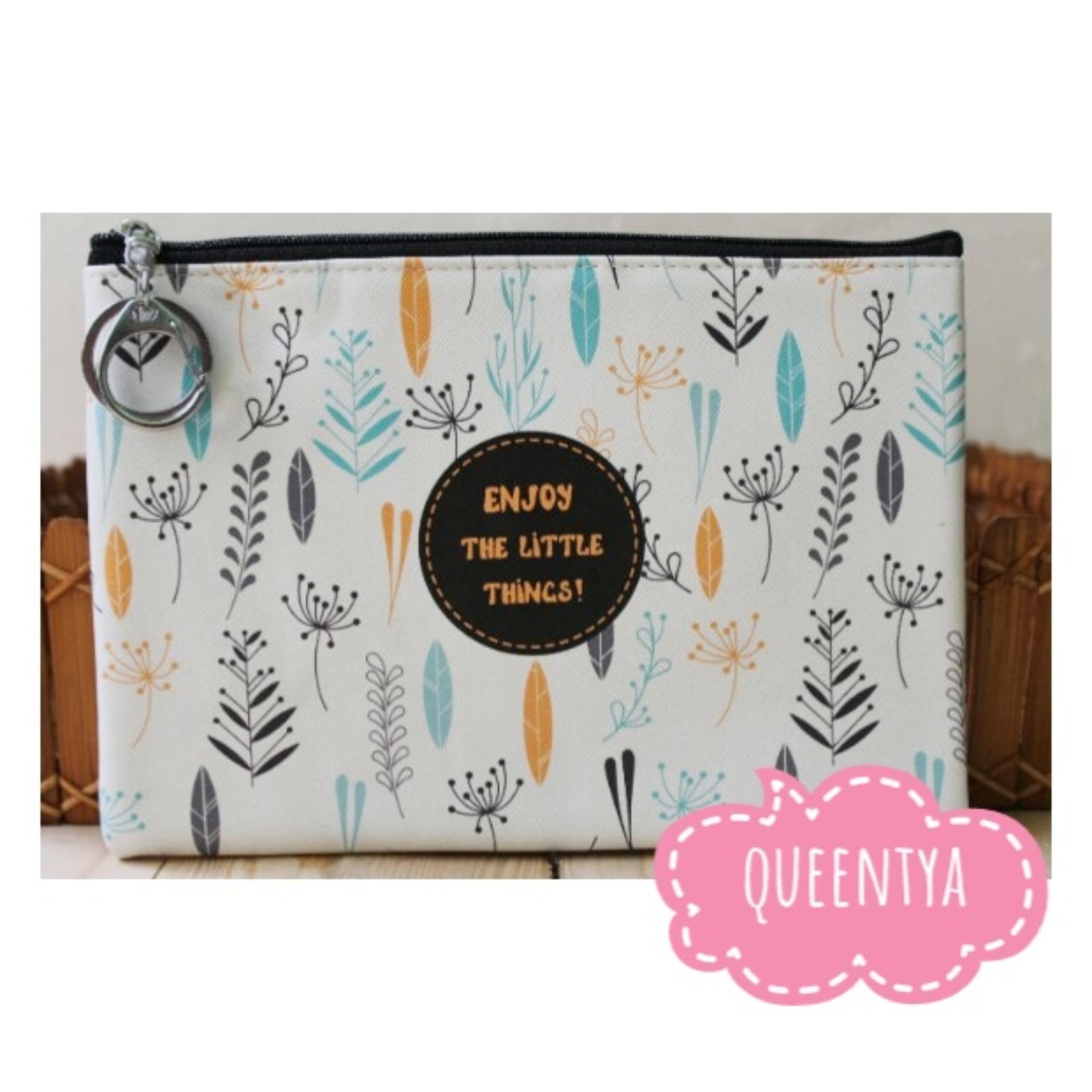 Pouch Wanita / Dompet Make Up Cewek / Kantong Handphone (HP) / Serbaguna - Putih - Motif Daun Tosca