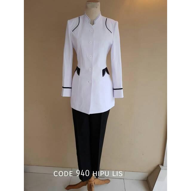 BAJU BLAZER SERAGAM PUTIH LIS HITAM KERJA KANTOR CEWEK GURU,PERAWAT,SUSTER, MURAH SEMI MUSLIMAH 940