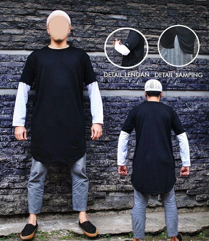 DISKON Gamis Kaos Pakistan Kombinasi Hitam dan Putih Baju Koko kurta Panjang TERMURAH