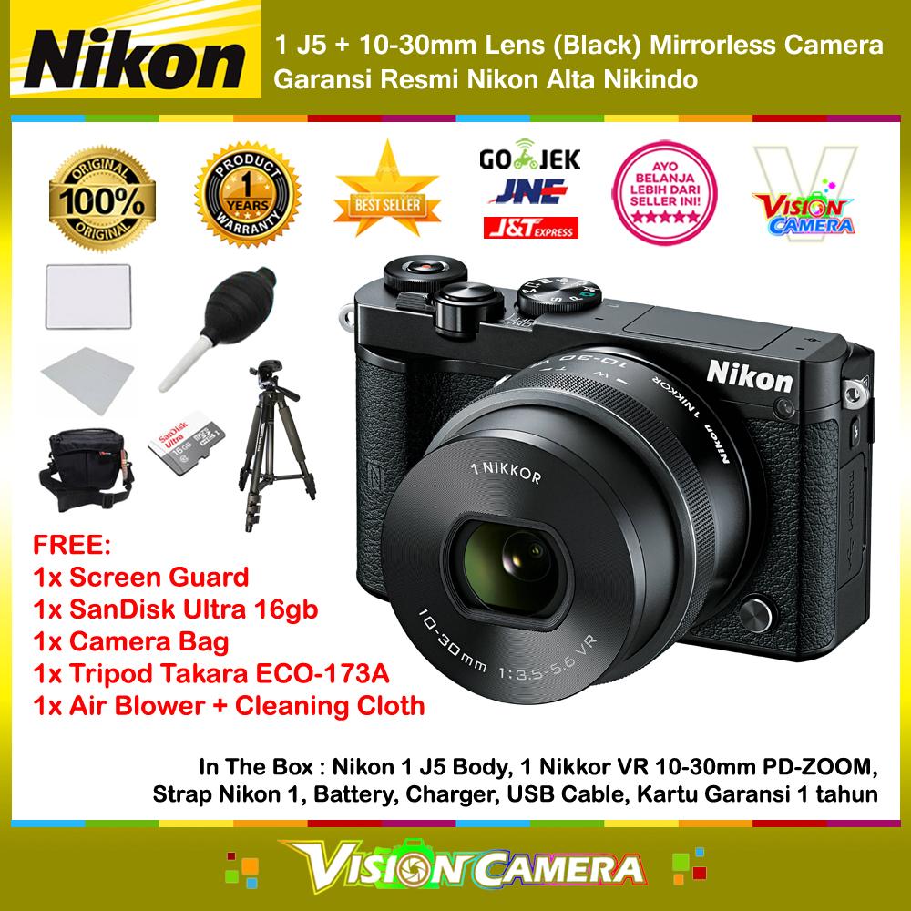 NIKON 1 J5 10-30mm VR Lens Black WiFi 4K Mirrorless Camera Garansi Resmi 1th + Screen Guard + MicroSD SanDisk Ultra 16gb + Air Blower + Cloth + Camera Bag + Tripod Takara ECO-173A