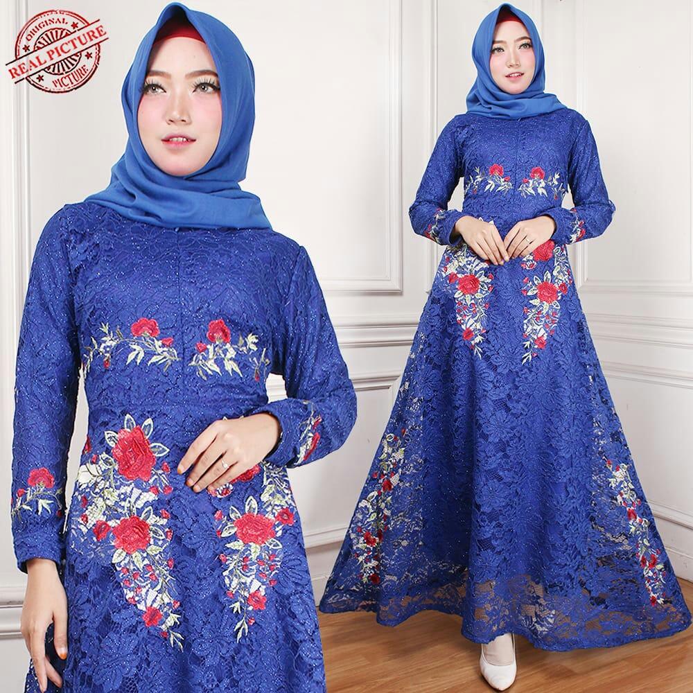 Pakaian gamis wanita bisa pakai untuk acara pernikahan mau pun bisa dipakai untuk sehari atau santai Maxi naomi Hasanah H-HH142KR Biru Dongker
