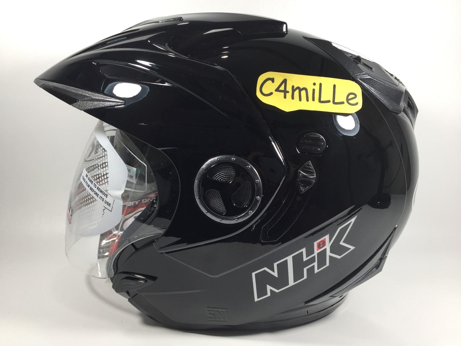 HELM NHK AVIATOR SOLID BLACK DOUBLE VISOR HALF FACE SIZE M