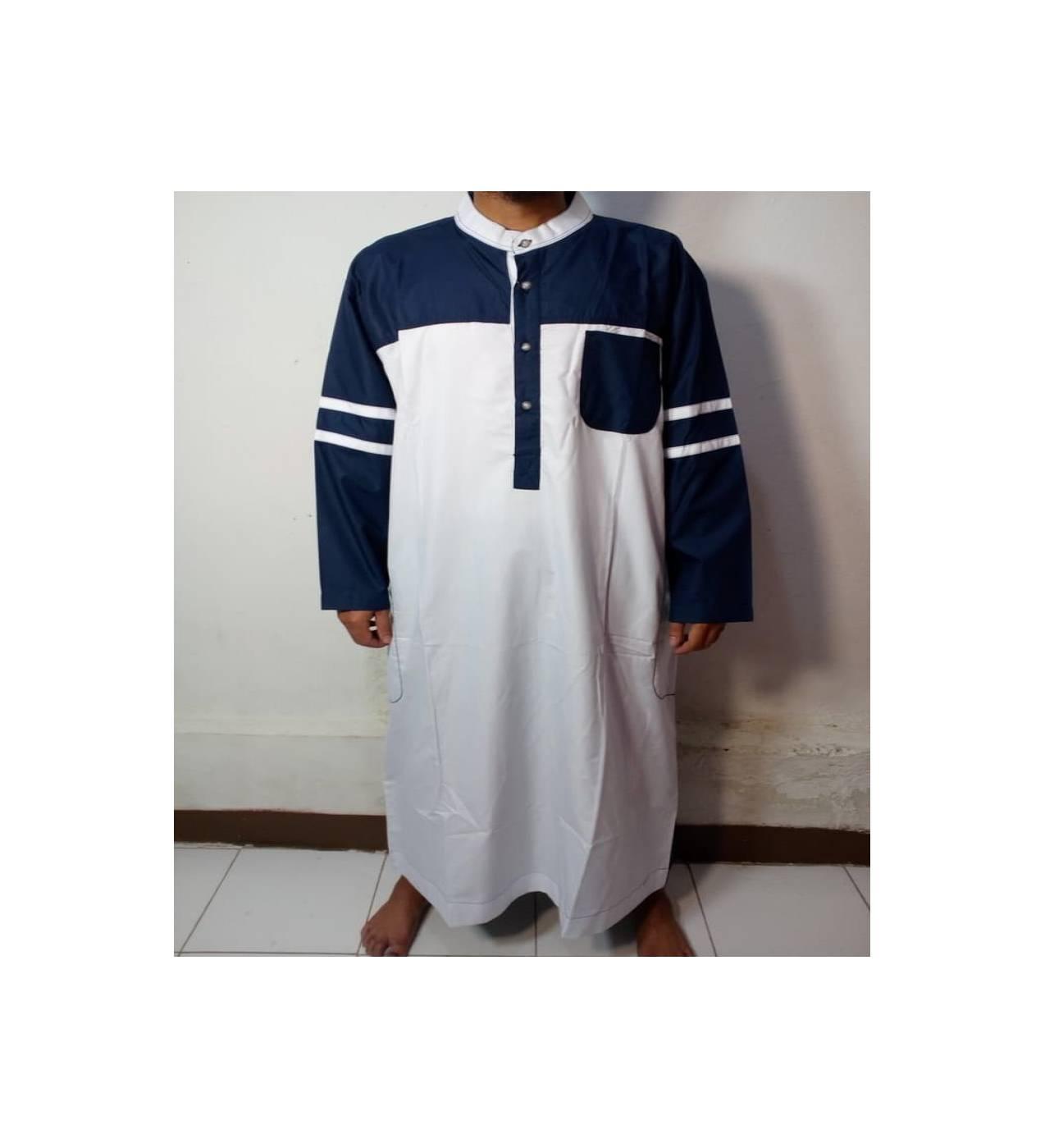 Baju Gamis-Baju Jubah Pria Warna putih-biru navi Lengan Garis-Samase
