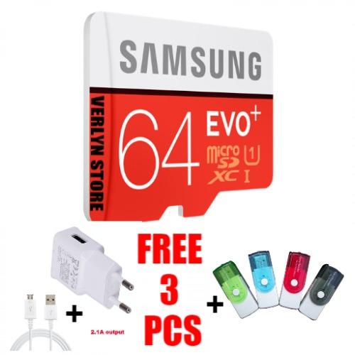 Memory Samsung 64 GB Micro SD Class 10 Evo Plus SDXC Card With SD Adapter FREE 3 PCS Server Batok Samsung+Usb Cable 1,5Meter+Card Raider