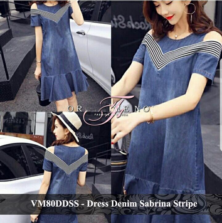 Vlovi Dress Korea Gaun Lengan Pendek Bahu Bolong Berkualitas Baju Murah VM80DDSS denim sabrina stripe