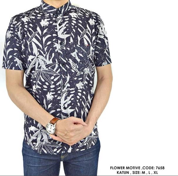 van shirt store KEMEJA POLOS MIX BATIK COWOK PRIA Kemeja casual Flower motive