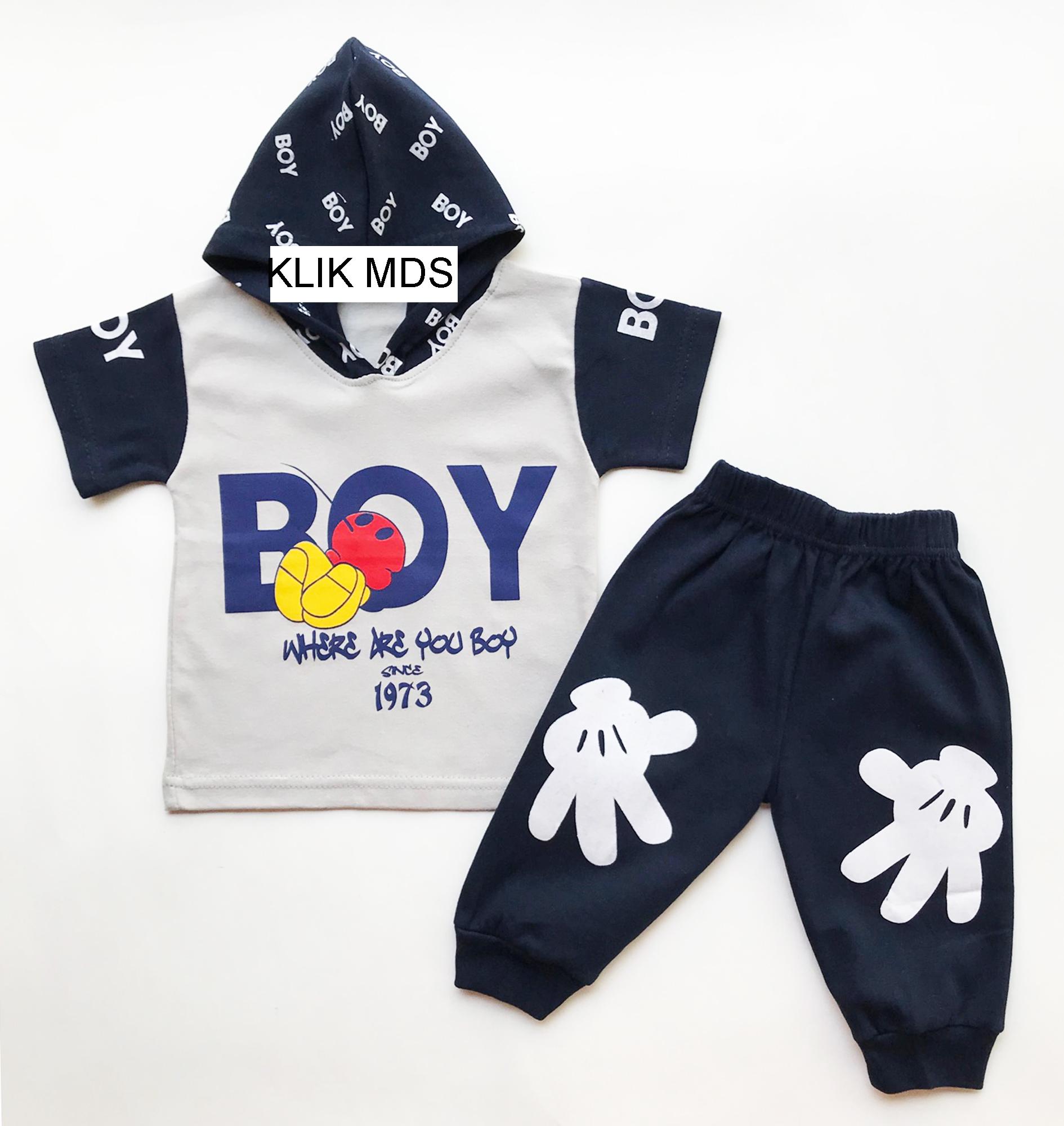 Klik Mds Baju Anak Lelaki Setelan Atasan Topi Hoodie dan Celana Motif Where Are You Boy