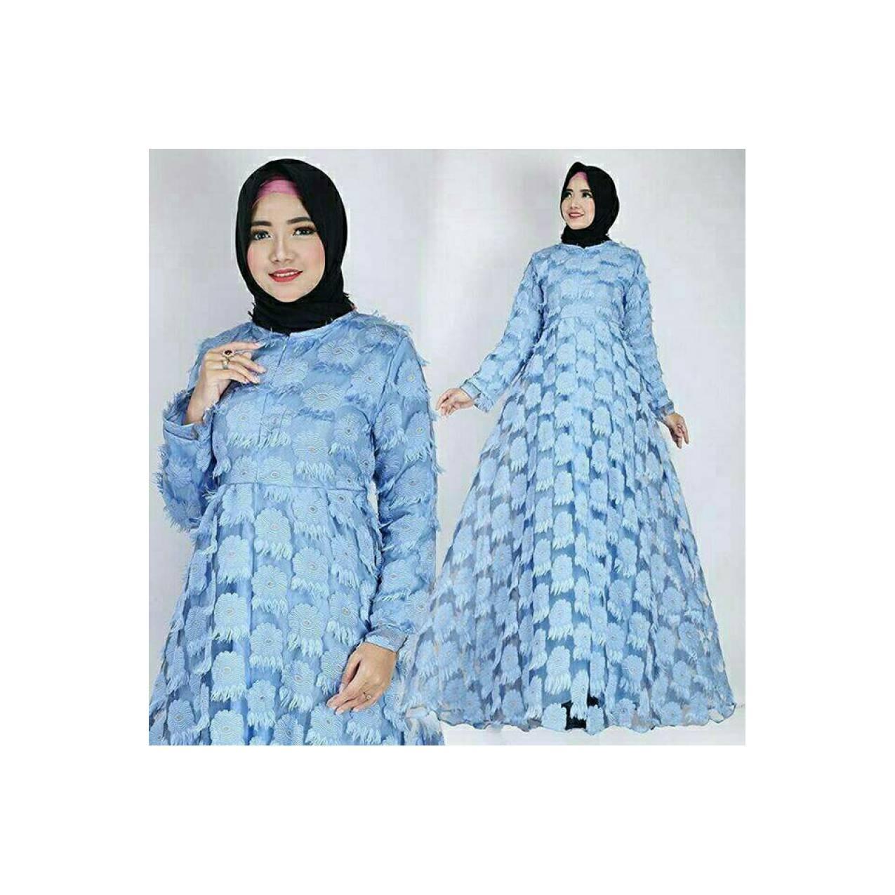 Gaun Dress Panjang Baju Gamis Wanita Muslim Lebaran Warna Biru - Putih, M