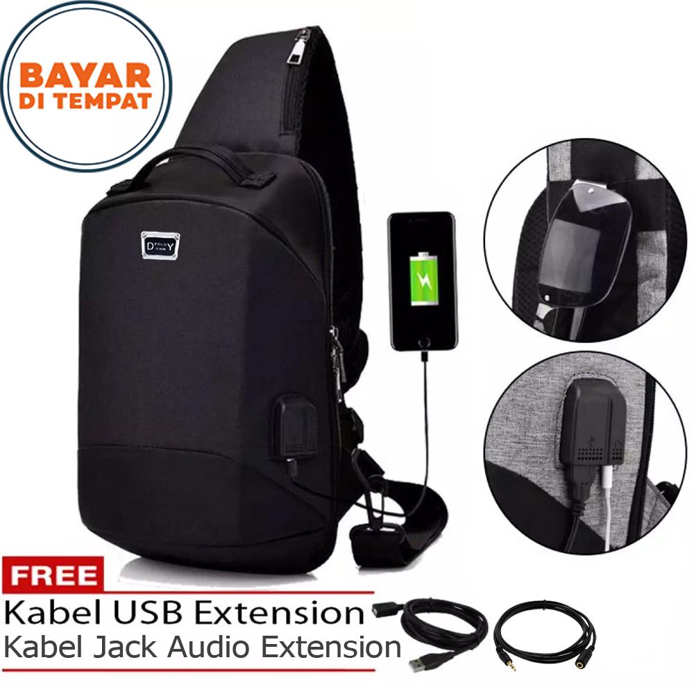 Tas Pria Tas Ransel Pria Tali Satu Tas Slingbag Tas Tali Satu Tas Selempang Pria Tas Waistbag Polo Danny XW006 Tas USB Tas Charger Tas Audio Musik Tas Notebook Tas Outdoor Tas Polo Import Original - Black + Kabel USB Extension + Kabel Jack Audio Extension