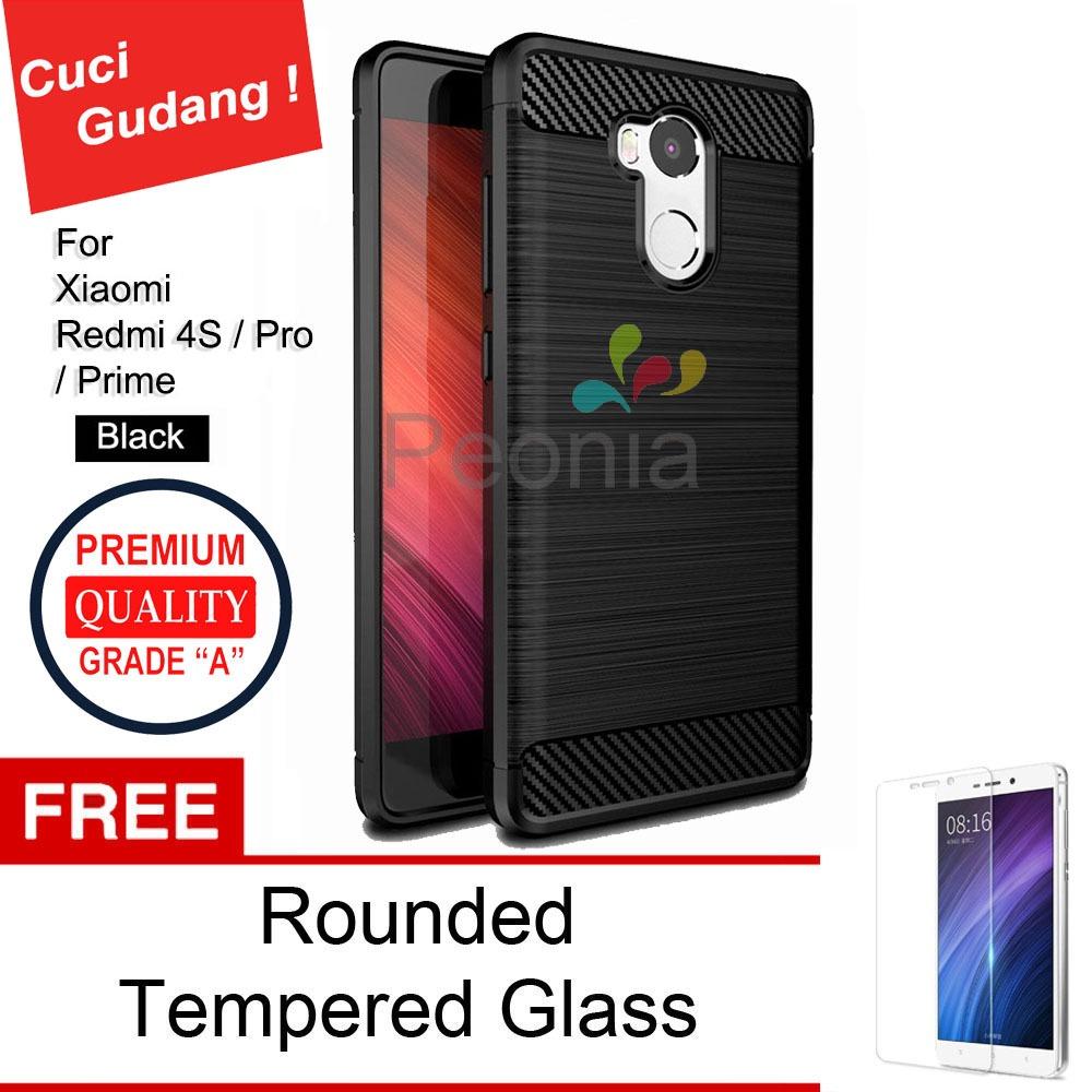 Peonia Carbon Shockproof Hybrid Premium Quality Grade A Case for Xiaomi Redmi 4S / Redmi 4 Prime / Redmi 4 Pro (sama ukuran, Flash kiri ) - Hitam + Rounded Tempered Glass