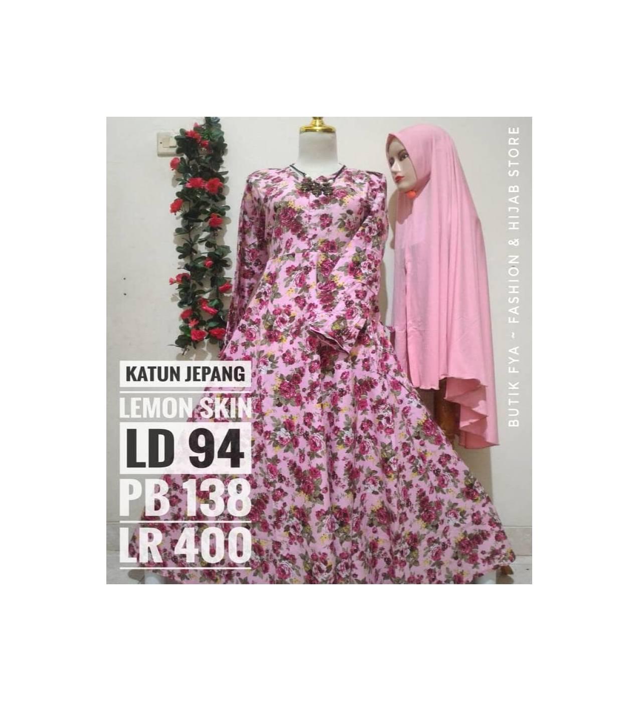 Set Gamis Baju Muslim Wanita Katun Jepang Jilbab Lemon Skin Polos Pink
