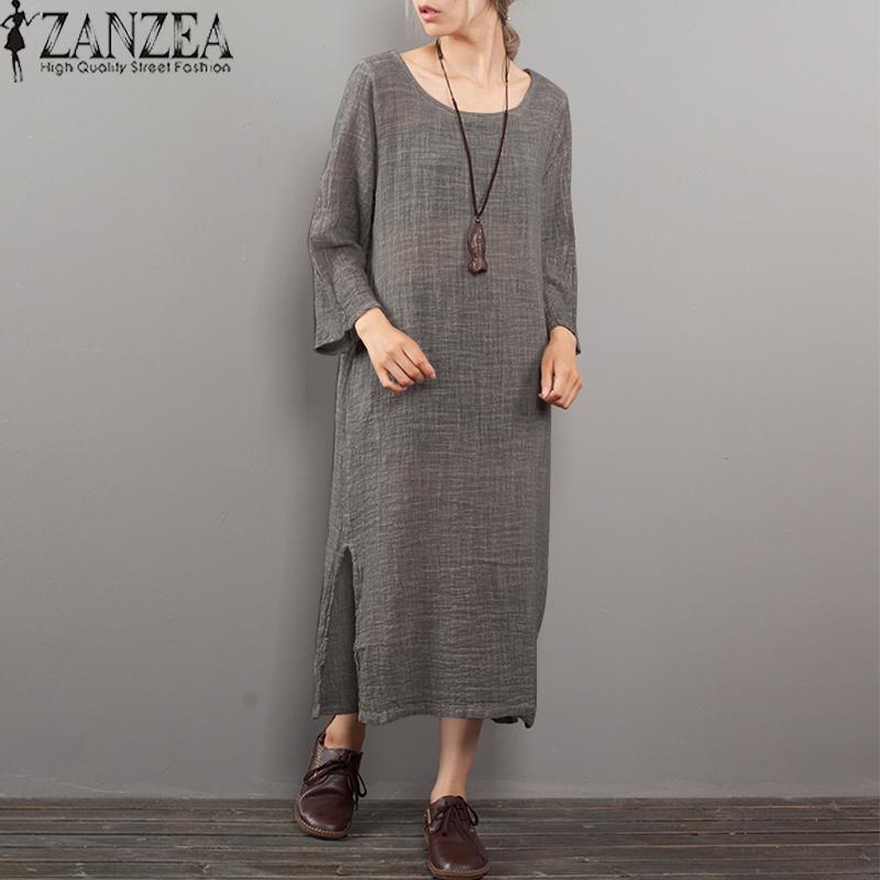 Zanzea Wanita Leher-o Lengan Panjang Loose Partai Sebuah-Tali Kaftan-Internasional